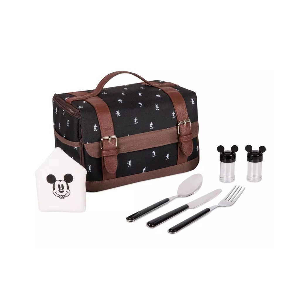 Disney Mickey Mouse Picnic Lunchbox Bag Black Brown Leather NEW Carry Handle